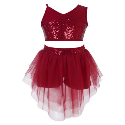 FEESHOW Girls 2Pcs Dance Set Sequins Glittering Crop Tops with Irregular Skirts Lyrical Ballet Modern Latin Dancewear Burgundy 8 Years