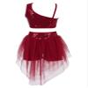 FEESHOW Girls 2Pcs Dance Set Sequins Glittering Crop Tops with Irregular Skirts Lyrical Ballet Modern Latin Dancewear Burgundy 8 Years view 2