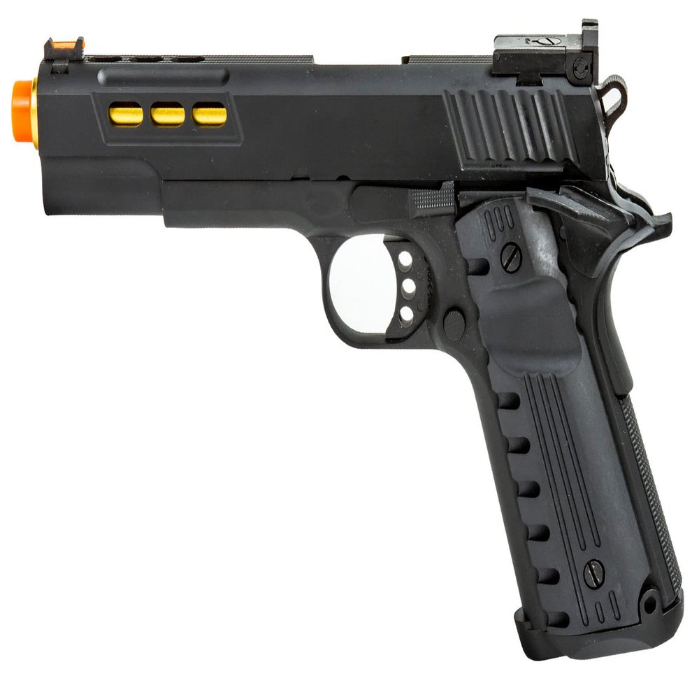 340 FPS Golden Ball x Eagle OTS .45 Hi-Capa Gas Blowback Airsoft Pistol w/Slide Lightening Cuts (Color: Black/Gold Barrel)