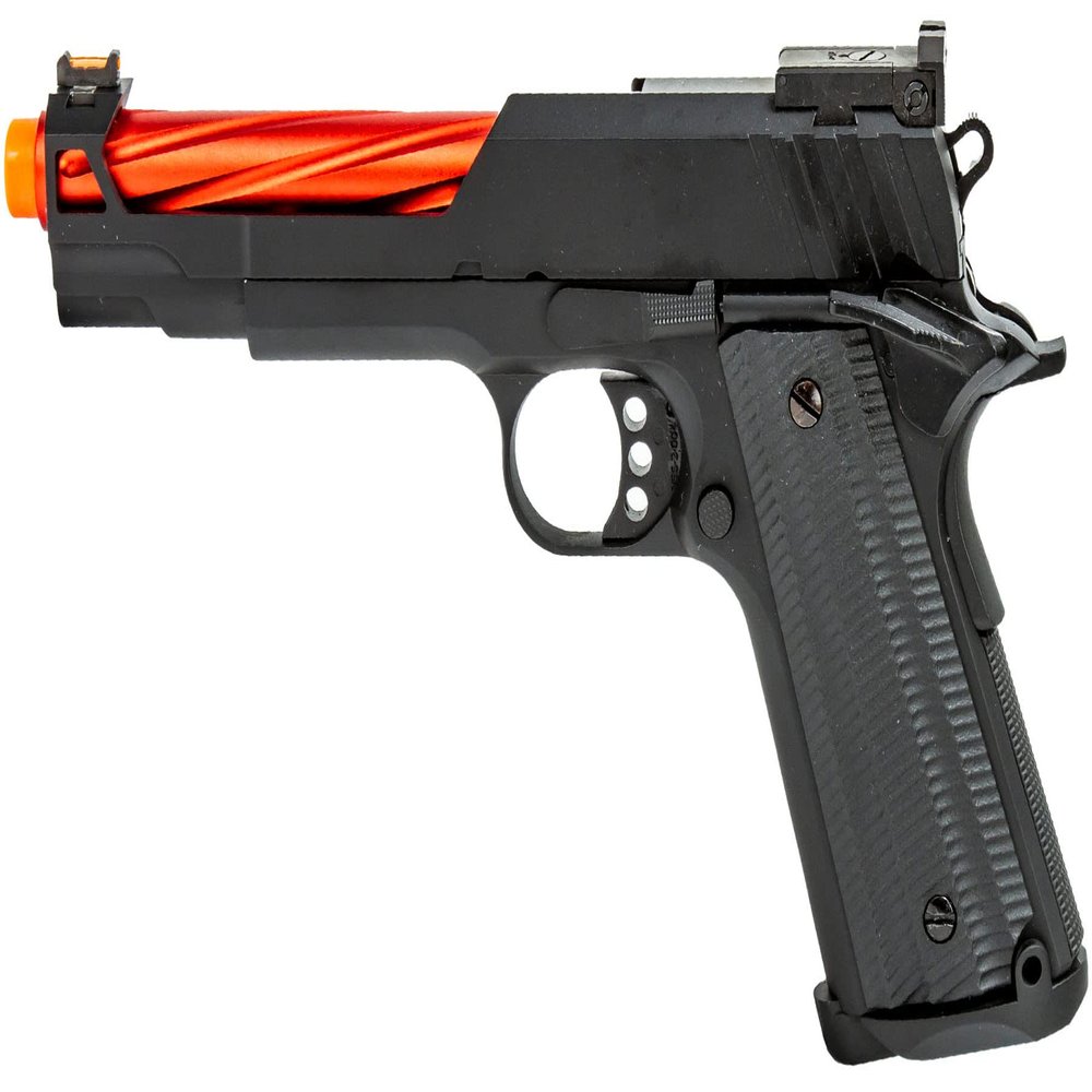 340 FPS Golden Ball x Eagle OTS .45 Hi-Capa Gas Blowback Airsoft Pistol w/Open Slide (Color: Black/Red Barrel)