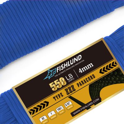 FISHLUND Paracord 550 lb, 7 Strand Paracord Rope 100ft 4mm, Nylon Parachute Cord for Camping, Royal Blue