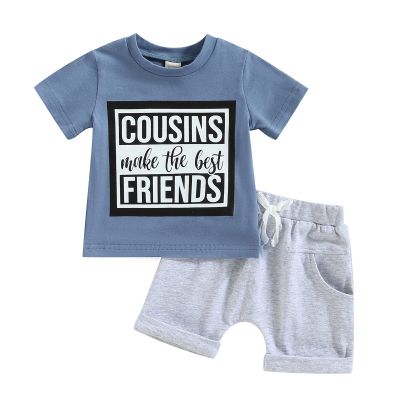 Summer 2PCS Clothes Set Infant Baby Boys Summer Outfit Letter Short Sleeve Tops T-Shirt and Shorts Set (Cousins-Blue, 18-24 Months)