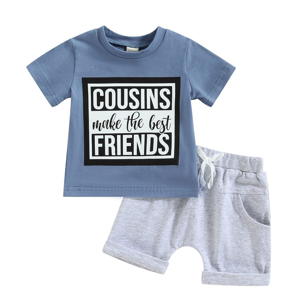 Summer 2PCS Clothes Set Infant Baby Boys Summer Outfit Letter Short Sleeve Tops T-Shirt and Shorts Set (Cousins-Blue, 18-24 Months)