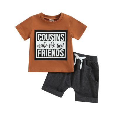 Summer 2PCS Clothes Set Infant Baby Boys Summer Outfit Letter Short Sleeve Tops T-Shirt and Shorts Set (Cousins-Caramel, 0-6 Months)