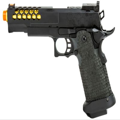 340 FPS Golden Ball x Eagle OTS .45 Hi-Capa Gas Blowback Airsoft Pistol w/Hive Vented Slide & Standard Grip Stippling (Color: Black/Gold Barrel)