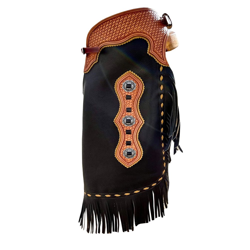 Custom Made Western Chinks Cow Hide Leather Basket Weave Tooled Chaps for Kids Adult Men Women Unisex ME-LCH-013 (X-Large)