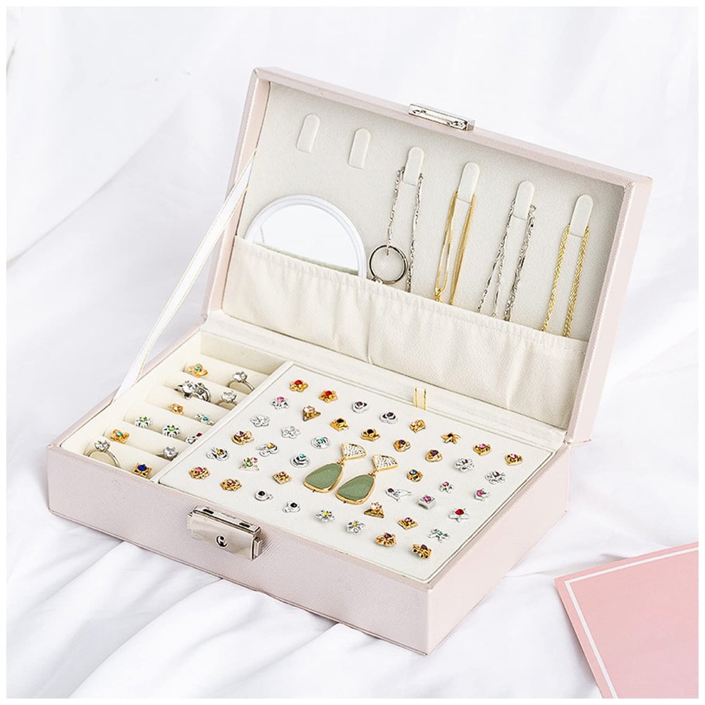 ArtsPavilion Jewelry Box for Women Girls, Leather Small Travel Organizer Case, Portable Display Storage Holder Boxes for Rings Earrings Necklaces Bracelets White