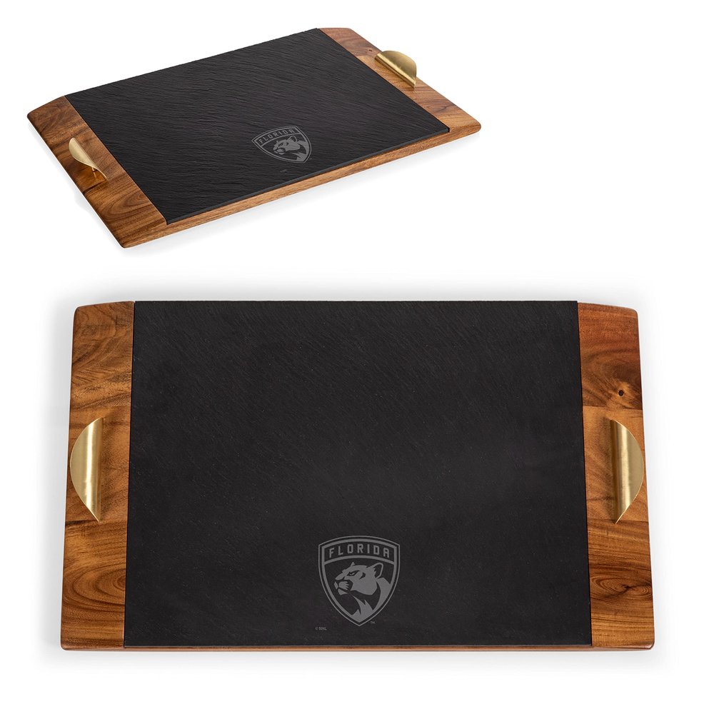PICNIC TIME NHL Florida Panthers Covina Acacia and Slate Serving Tray, Charcuterie Board Set, (Acacia Wood & Slate Black with Gold Accents)
