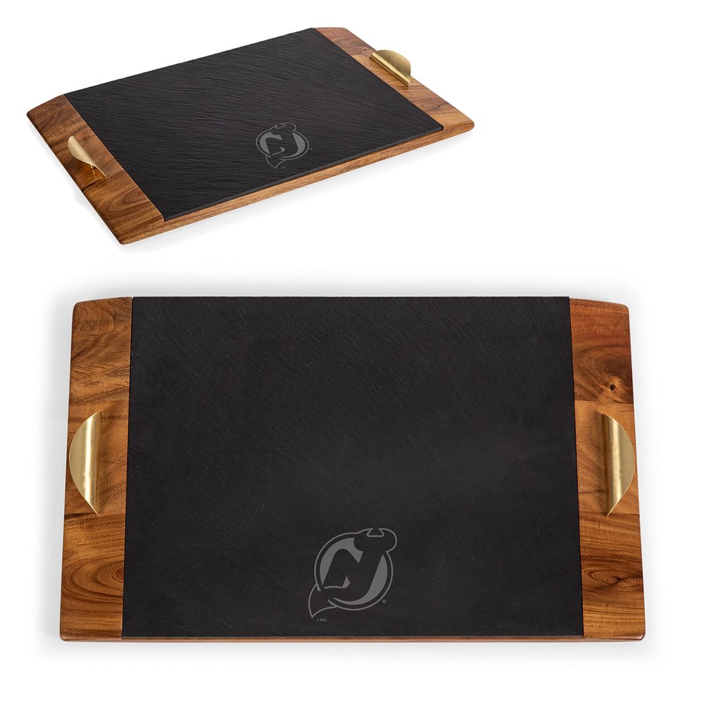 PICNIC TIME NHL New Jersey Devils Covina Acacia and Slate Serving Tray, Charcuterie Board Set, (Acacia Wood & Slate Black with Gold Accents)