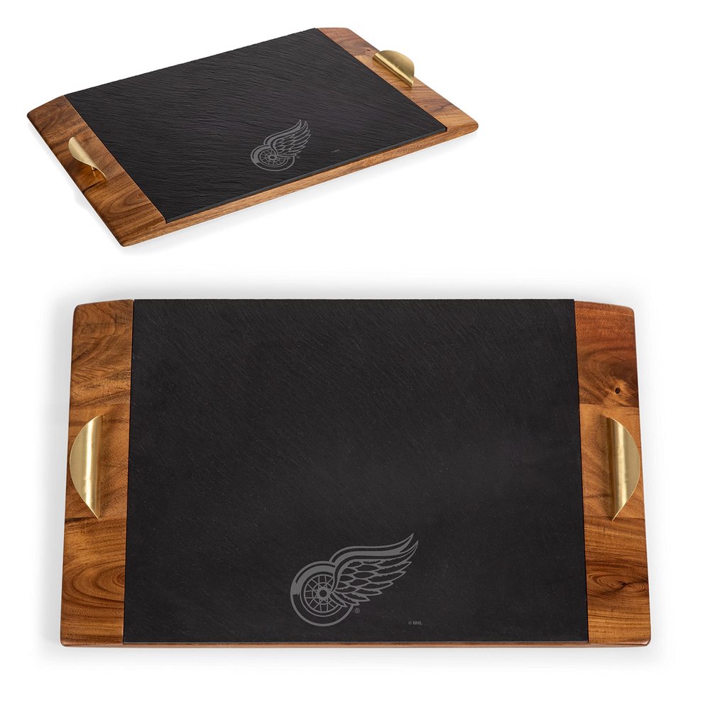 PICNIC TIME NHL Detroit Red Wings Covina Acacia and Slate Serving Tray, Charcuterie Board Set, (Acacia Wood & Slate Black with Gold Accents)