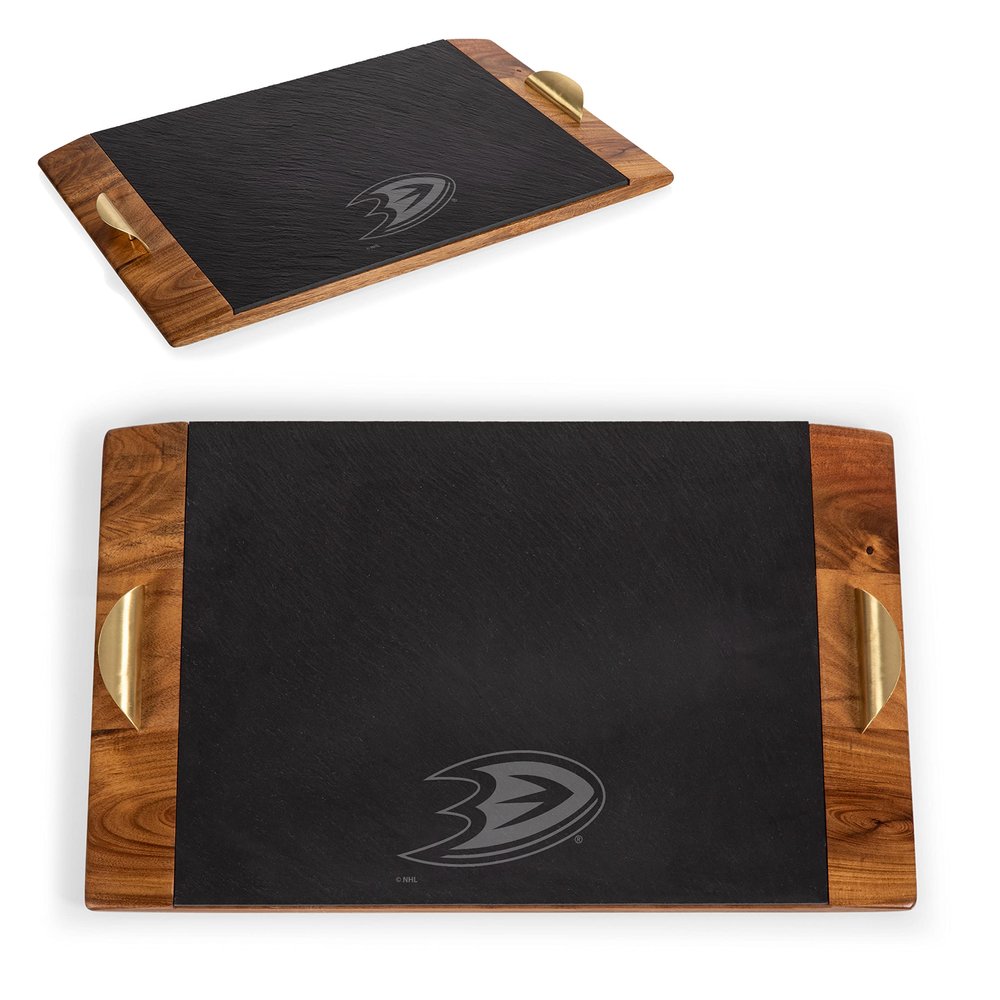 PICNIC TIME NHL Anaheim Ducks Covina Acacia and Slate Serving Tray, Charcuterie Board Set, (Acacia Wood & Slate Black with Gold Accents)