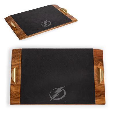 PICNIC TIME NHL Tampa Bay Lightning Covina Acacia and Slate Serving Tray, Charcuterie Board Set, (Acacia Wood & Slate Black with Gold Accents)