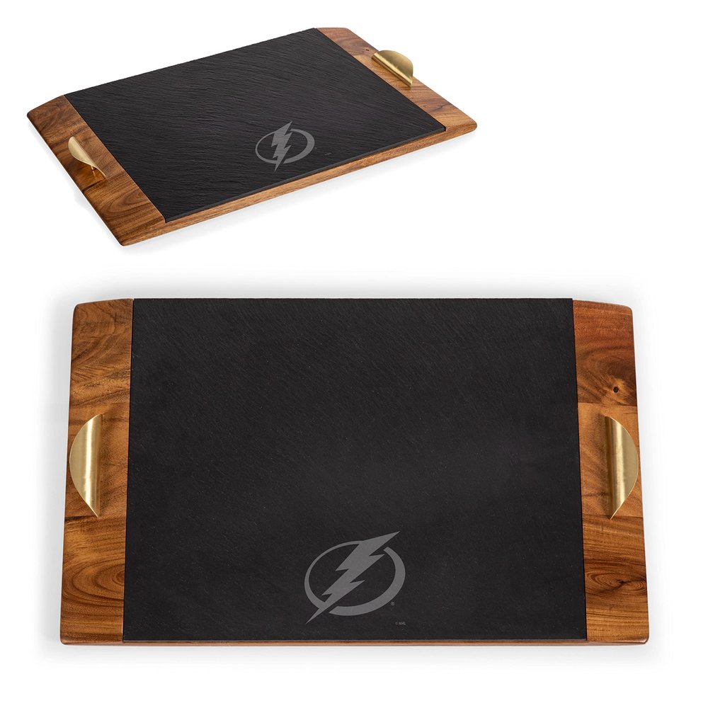 PICNIC TIME NHL Tampa Bay Lightning Covina Acacia and Slate Serving Tray, Charcuterie Board Set, (Acacia Wood & Slate Black with Gold Accents)