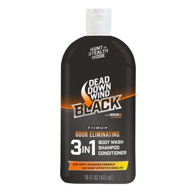 DEAD DOWN WIND BLACK Premium 3-in-1 Body Wash, Shampoo, & Conditioner Hunting Scent Eliminators (16 oz) - Scent Eliminating Liquid Soap - Durable Hunting Scent Eliminators - Advanced Hunting Gear
