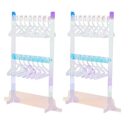 SUPERFINDINGS 2 Sets Acrylic Hanger Earrings Display Stand 2 Tiers with 32Pcs Coat Hangers Colorful Cute Jewelry Stand Organizer Ear Studs Display Rack for Retail Show Personal Exhibition,22.3x7x30cm