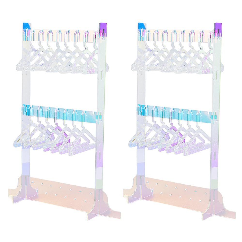 SUPERFINDINGS 2 Sets Acrylic Hanger Earrings Display Stand 2 Tiers with 32Pcs Coat Hangers Colorful Cute Jewelry Stand Organizer Ear Studs Display Rack for Retail Show Personal Exhibition,22.3x7x30cm