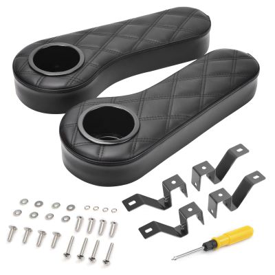 NOKINS Golf Cart Diamond Armrest with Cup Holder No Drilling Required for Club Car EzGo Yamaha Rear Seat Kit Fits 1-inch Square Tube Black (Black Stitching)