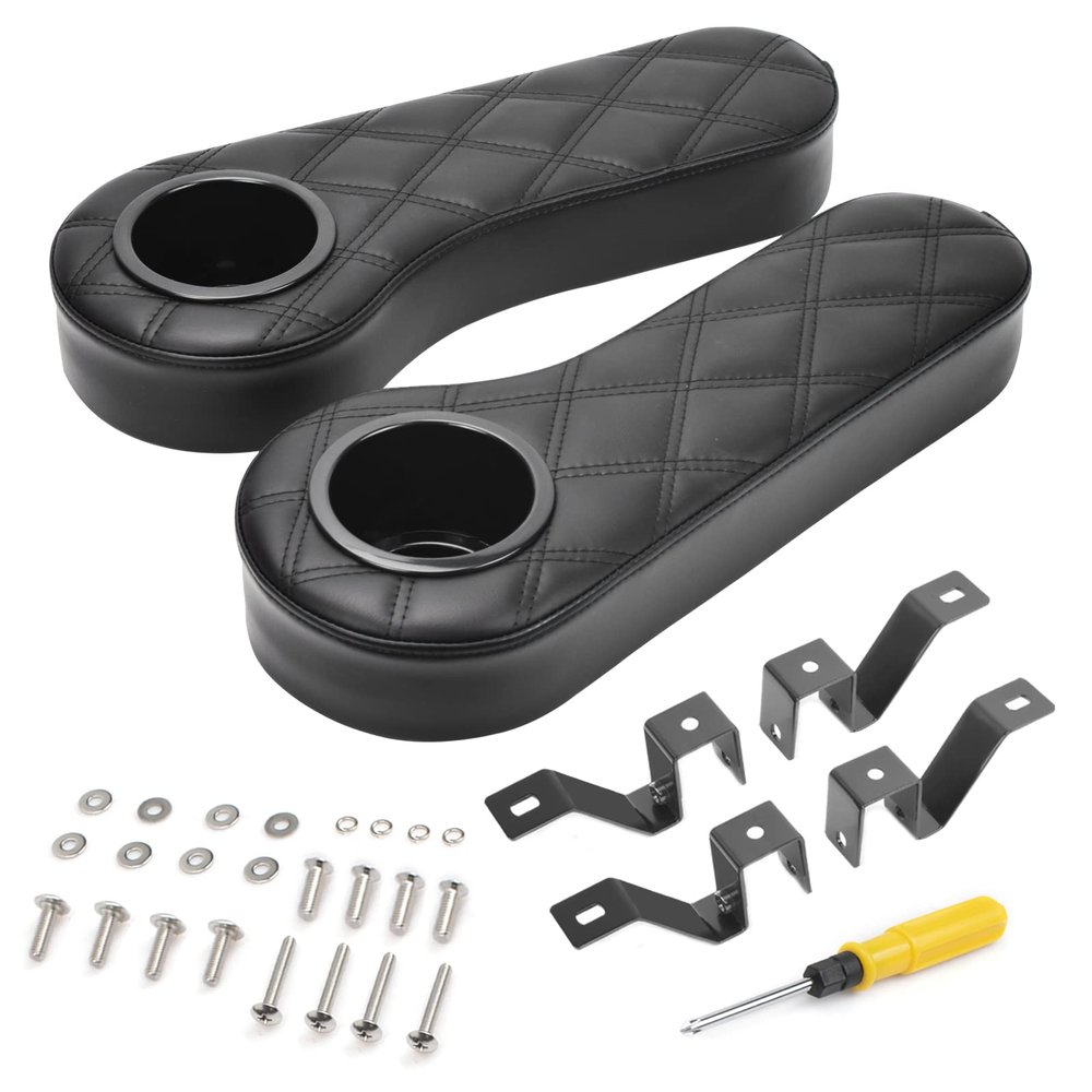 NOKINS Golf Cart Diamond Armrest with Cup Holder No Drilling Required for Club Car EzGo Yamaha Rear Seat Kit Fits 1-inch Square Tube Black (Black Stitching)