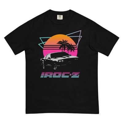 1980's Chevy Camaro IROC-Z Z28 Retro Sun Palms Mens Garment-Dyed Heavyweight t-Shirt Black