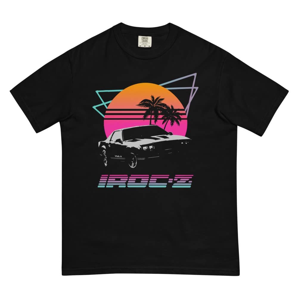 1980's Chevy Camaro IROC-Z Z28 Retro Sun Palms Mens Garment-Dyed Heavyweight t-Shirt Black