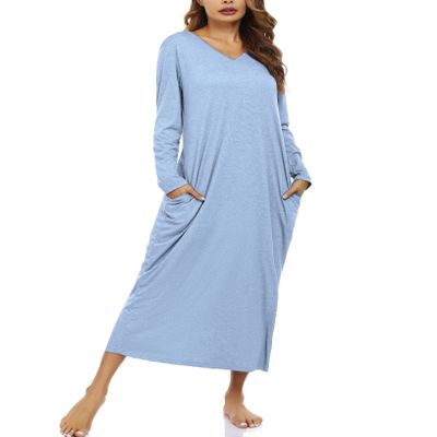 Marvmys Women Long Sleeve Nightgowns Long Sleeves Cotton Nightshirts Casual V Neck Maxi Pajama Dress Baby Blue