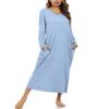 Marvmys Women Long Sleeve Nightgowns Long Sleeves Cotton Nightshirts Casual V Neck Maxi Pajama Dress Baby Blue view 1