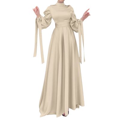 Abayas for Women Muslim Dubai Dress Lantern Sleeve Slim Fit Satin Arabic Islamic Kaftan Robe + Hijab Beige XXL