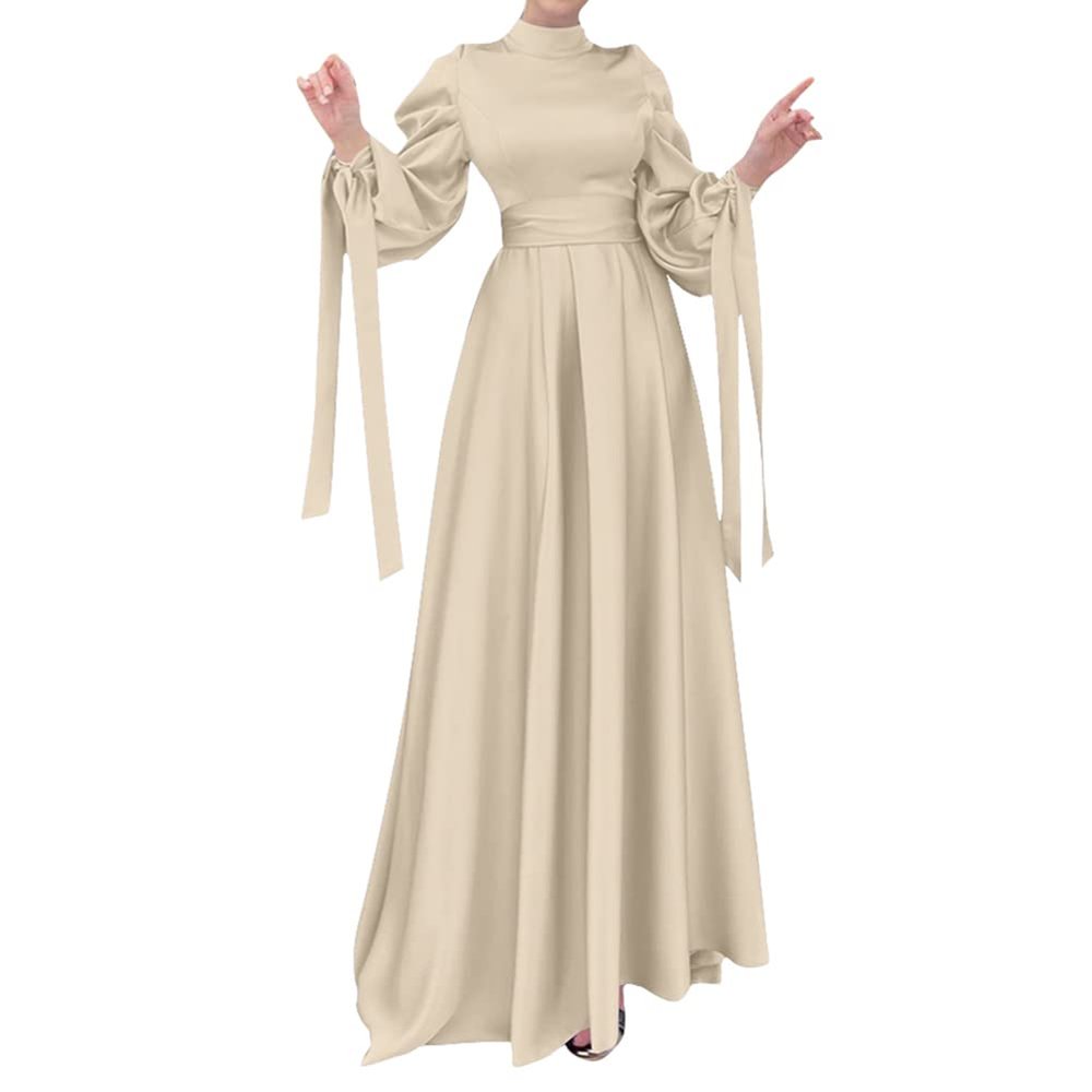 Abayas for Women Muslim Dubai Dress Lantern Sleeve Slim Fit Satin Arabic Islamic Kaftan Robe + Hijab Beige XXL