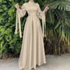 Abayas for Women Muslim Dubai Dress Lantern Sleeve Slim Fit Satin Arabic Islamic Kaftan Robe + Hijab Beige XXL view 3