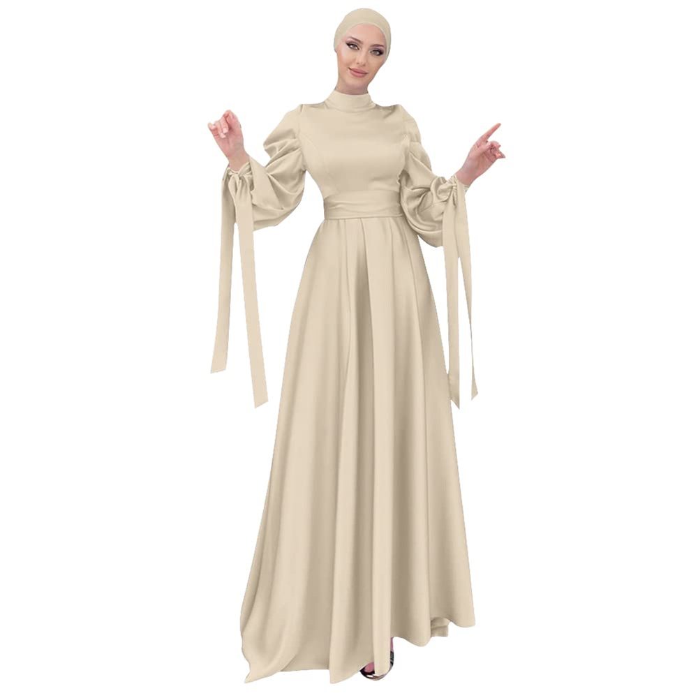Abayas for Women Muslim Dubai Dress Lantern Sleeve Slim Fit Satin Arabic Islamic Kaftan Robe + Hijab Beige Set X-Large