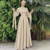Abayas for Women Muslim Dubai Dress Lantern Sleeve Slim Fit Satin Arabic Islamic Kaftan Robe + Hijab Beige Set X-Large view 3