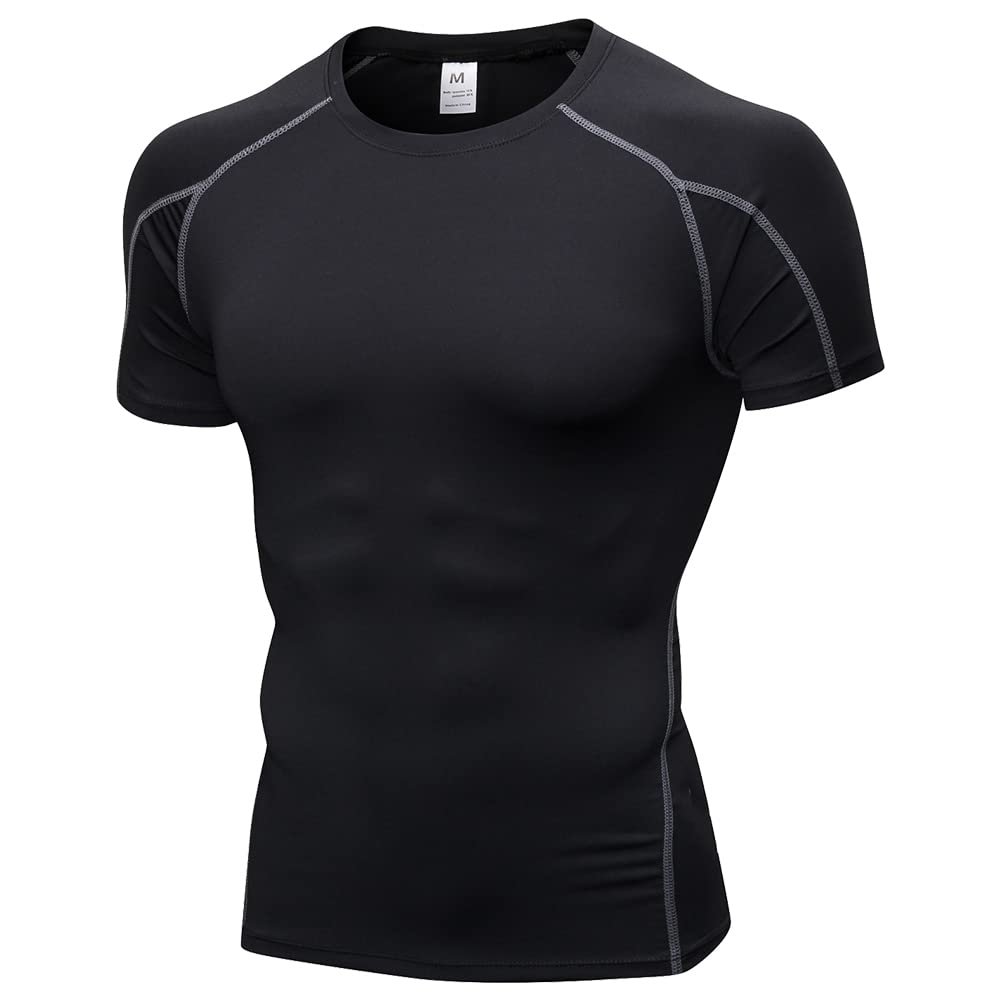 CICI FIVE Men's Compression Shirt Short Sleeve Athletic Compression Tops Cool Dry Undershirts Baselayer Gym Workout T Shirt B Grey