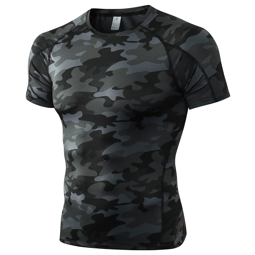 CICI FIVE Men's Compression Shirt Short Sleeve Athletic Compression Tops Cool Dry Undershirts Baselayer Gym Workout T Shirt Camo Black