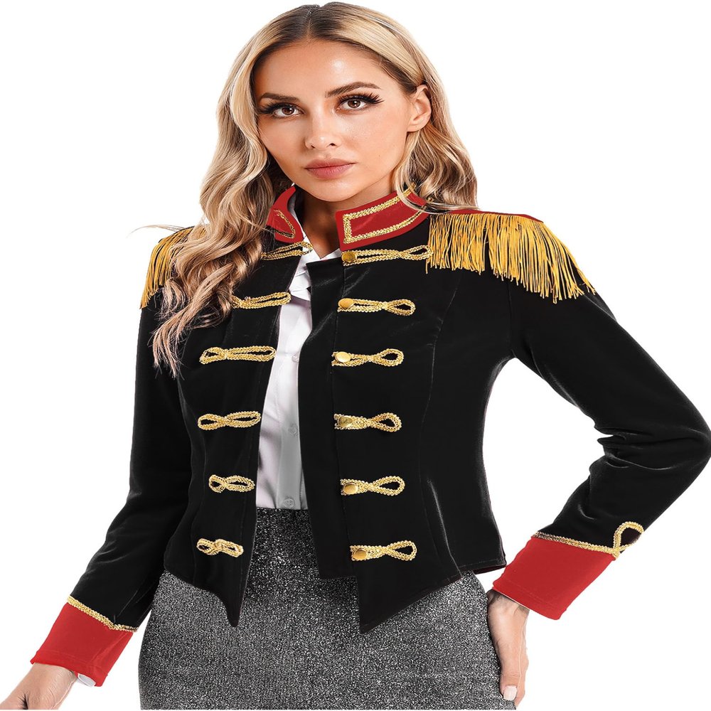 Moggemol Women's Circus Ringmaster Tassel Jacket Coat Velvet Victorian Tailcoat Party Costume Black Large