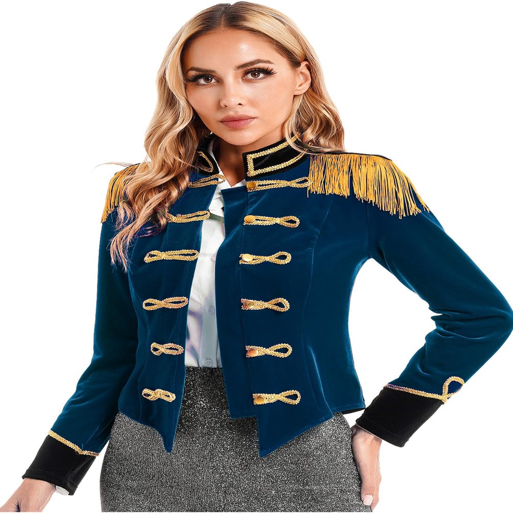 Moggemol Women's Circus Ringmaster Tassel Jacket Coat Velvet Victorian Tailcoat Party Costume Dark_Blue Large