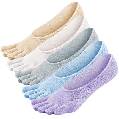 CaiDieNu No Show Toe Socks Women, Low Cut Five Fingers Cotton Running Athletic Invisible Boat Socks, 5 Pairs