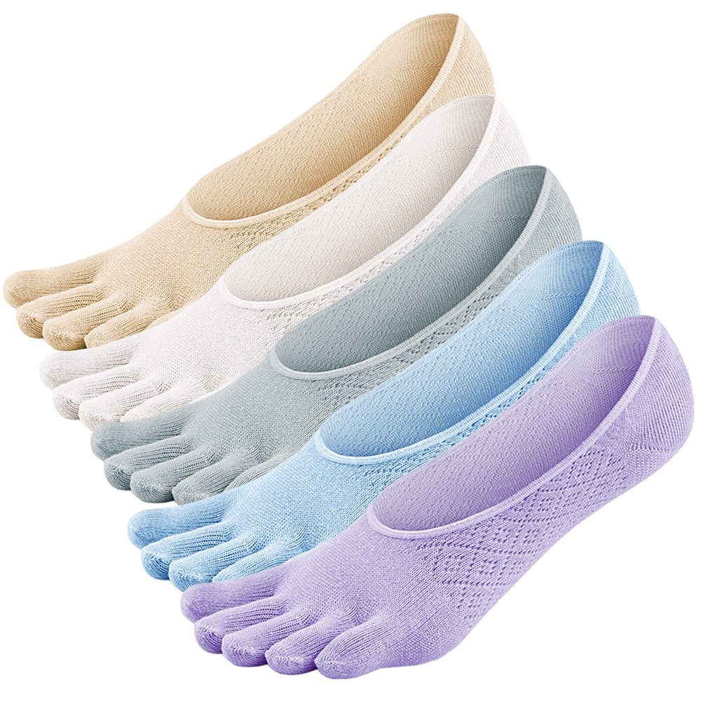 CaiDieNu No Show Toe Socks Women, Low Cut Five Fingers Cotton Running Athletic Invisible Boat Socks, 5 Pairs