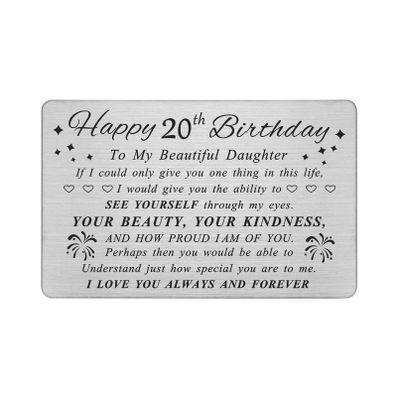 DEGASKEN 20th Birthday Card for Daughter - Happy Birthday Card Gifts for 20 Year Old Daughter - 20th Birthday Gifts Decorations for Her Women - Beautiful Metal Engraved Wallet Cards