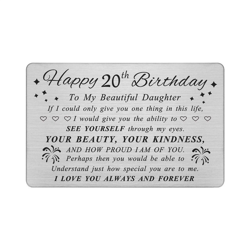 DEGASKEN 20th Birthday Card for Daughter - Happy Birthday Card Gifts for 20 Year Old Daughter - 20th Birthday Gifts Decorations for Her Women - Beautiful Metal Engraved Wallet Cards