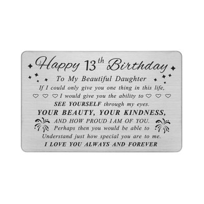 DEGASKEN 13th Birthday Card for Daughter - Happy Birthday Card for 13 Year Old Daughter Girls - 13th Birthday Gifts Decorations for Girls - Beautiful Metal Engraved Wallet Cards