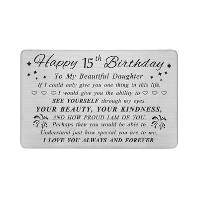DEGASKEN 15th Birthday Card for Daughter - Happy Birthday Card for 15 Year Old Daughter Girls - 15th Birthday Gifts Decorations for Girls - Beautiful Metal Engraved Wallet Cards