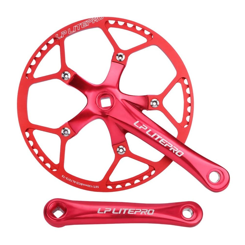LUNJE Folding Bike Crankset 130BCD 170mm Square Taper Crank Arm Set 45/47/53/56/58T Single Chainring 6/7/8/9/10 Speed Road Bicycle Crankset (Color : Red, Size : 58T)