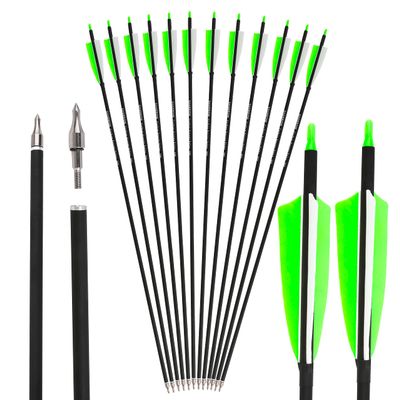 ZSHJGJR 30 Inch Archery Carbon Arrows Hunting Arrows with 4 Turkey Feather Target Practice Arrows Spine 500 for Compound & Recurve &Traditional Bow 6/12pcs (Fluorescent Green, 12pcs Arrows)