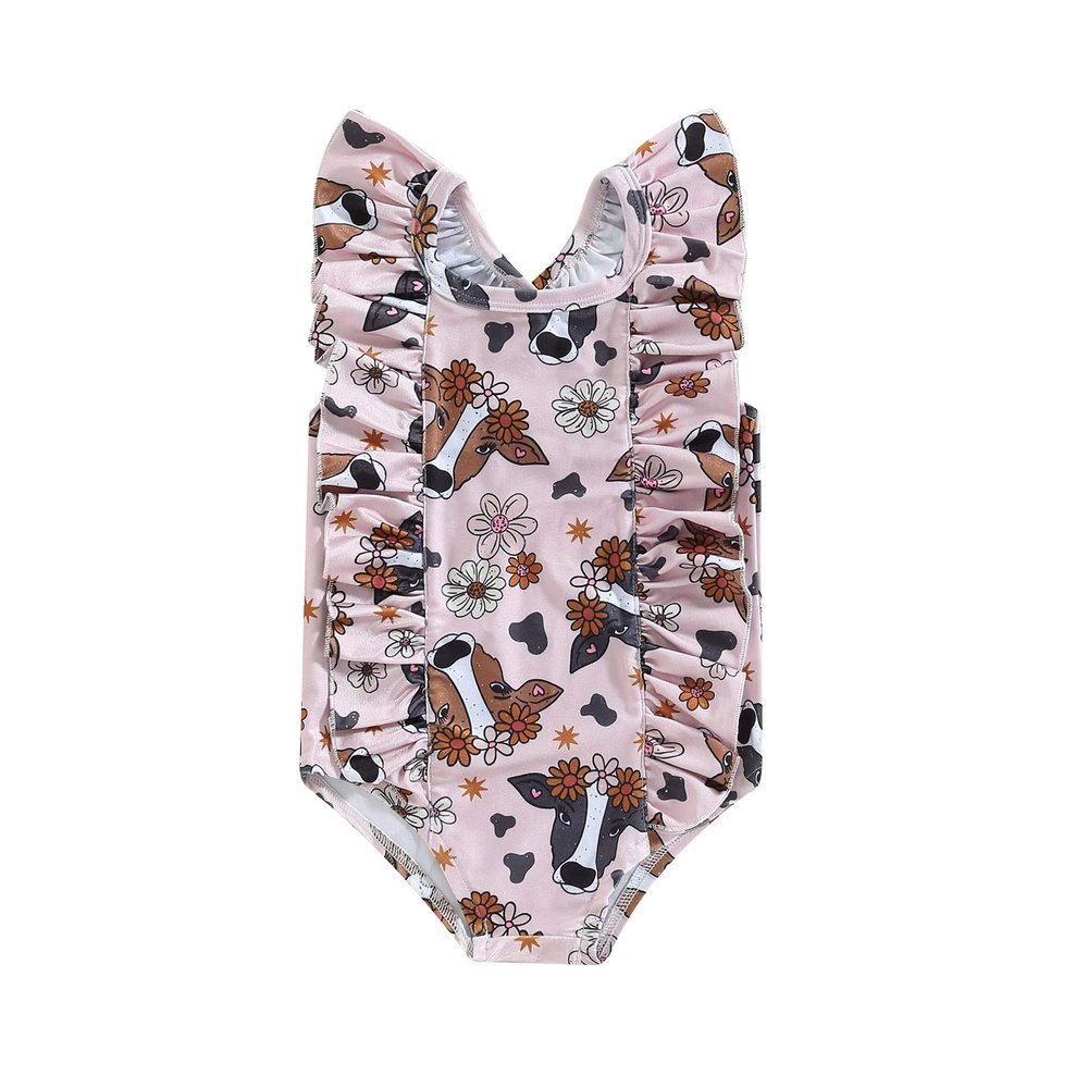 Muasaaluxi Toddler Baby Girl Swimsuit Cow Print Ruffle Swimwear One Piece Bathing Suit Beachwear Western Summer Clothes 18M-6T (Pink, 18-24 Months)