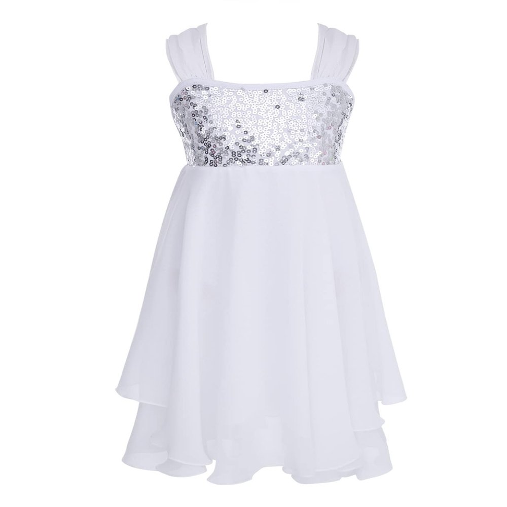 Moggemol Kids Girls Sleeveless Sequins Ballet Lyrical Dance Chiffon Dress Modern Contemporary Dance Costume Leotard White 14 Years
