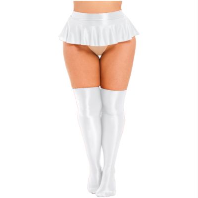 QinCiao Women's Shiny Glossy Ruffle Mini Skirt with Stretchy Silky Smooth Pantyhose Stockings White X-Large