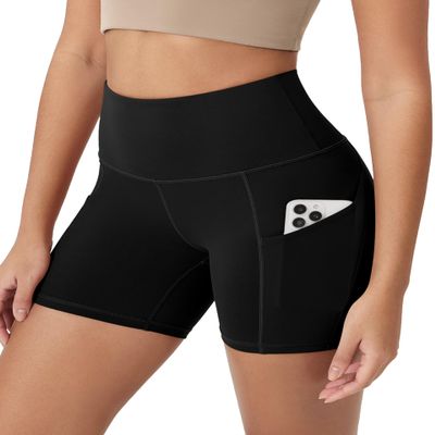 ODODOS 5" Tummy Control Biker Shorts for Women with Pockets High Waist Athletic Workout Yoga Shorts, Black, Small