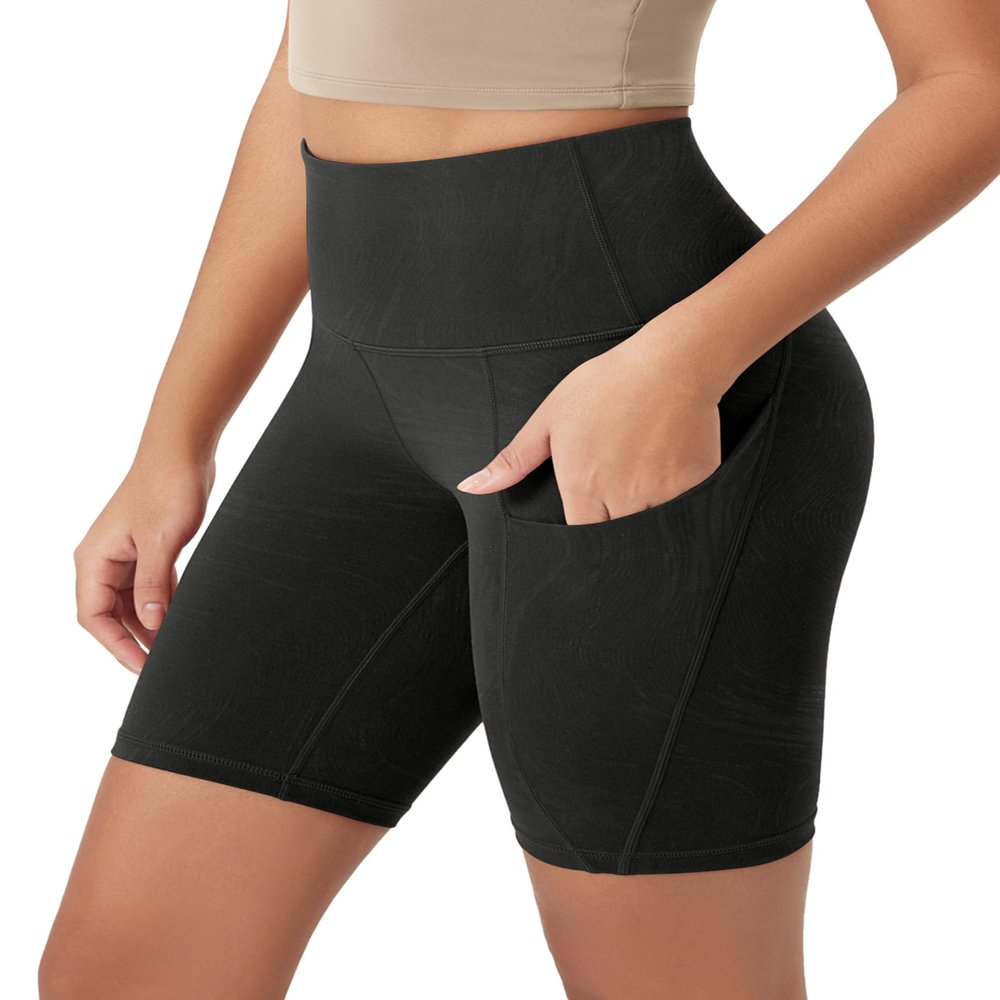ODODOS 8" Tummy Control Biker Shorts for Women with Pockets High Waist Running Workout Athletic Yoga Shorts, Emboss Wave Black, Medium