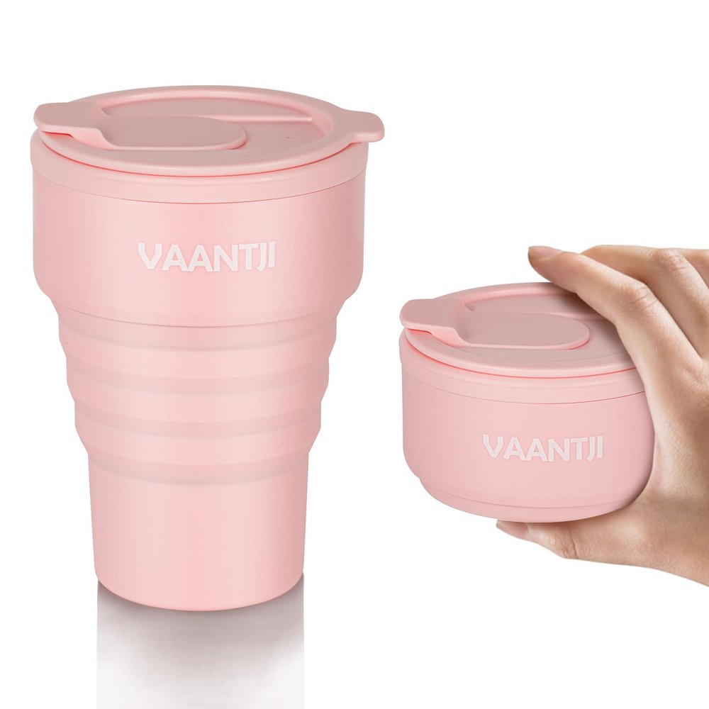 VAANTJI Travel Reusable Silicone Collapsible,13 oz/375 ml,Collapsible Travel Mug,Collapsible Cup for Hot and Cold Drinks(Pink)