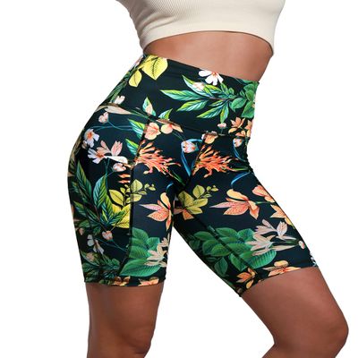 ODODOS 8" Tummy Control Biker Shorts for Women with Pockets High Waist Running Workout Athletic Yoga Shorts, Tropical Flower, Medium